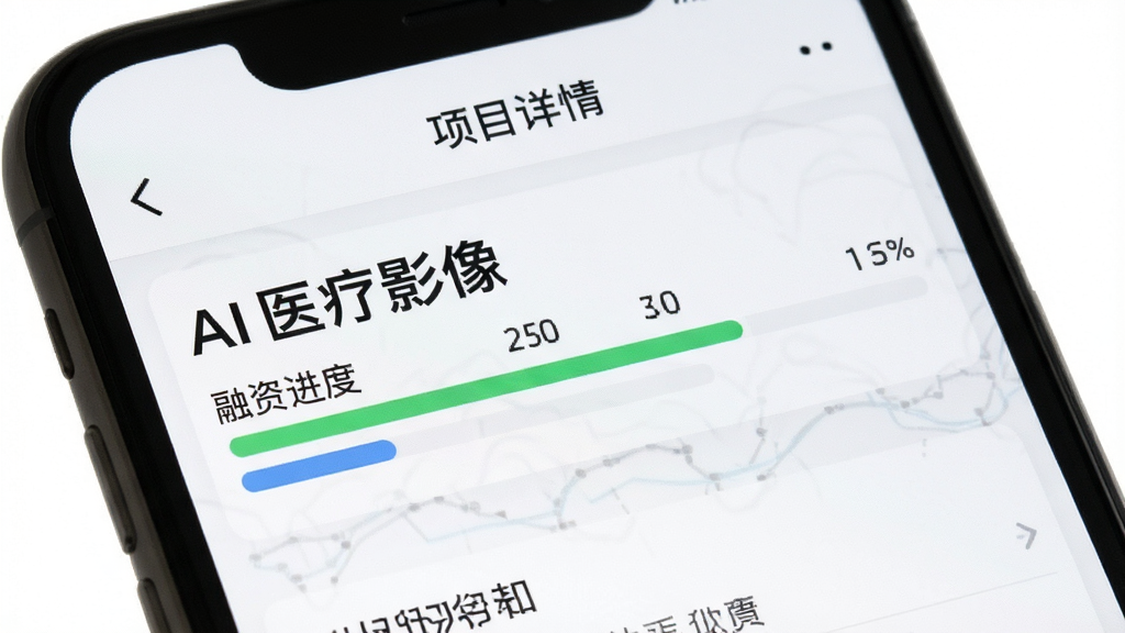 主体:创投工场APP在手机上运行的截图,屏幕显示项目详情页。布局:手机屏幕充满画面,上方有返回箭头和标题“项目详情”。排版:信息层级分明。风格:真实UI截图。细节:文字内容清晰,包括项目名称“AI医疗影像”、融资进度条。画质:高清,无多余元素。