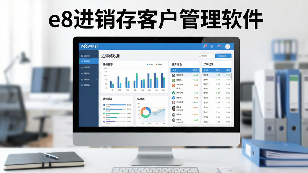 一张现代商务风格的主视觉图,画面中央为电脑屏幕显示e8进销存客户管理软件的主界面仪表盘,包含进销存数据图表、客户列表与订单记录,背景为模糊的办公室环境,桌面有笔记本和文件,整体构图以软件界面为主体,居中展示,左右留白,采用扁平化设计,色彩以蓝色和白色为主,干净明亮,画质清晰,无多余元素,文字标识“e8进销存客户管理软件”置于屏幕上方。