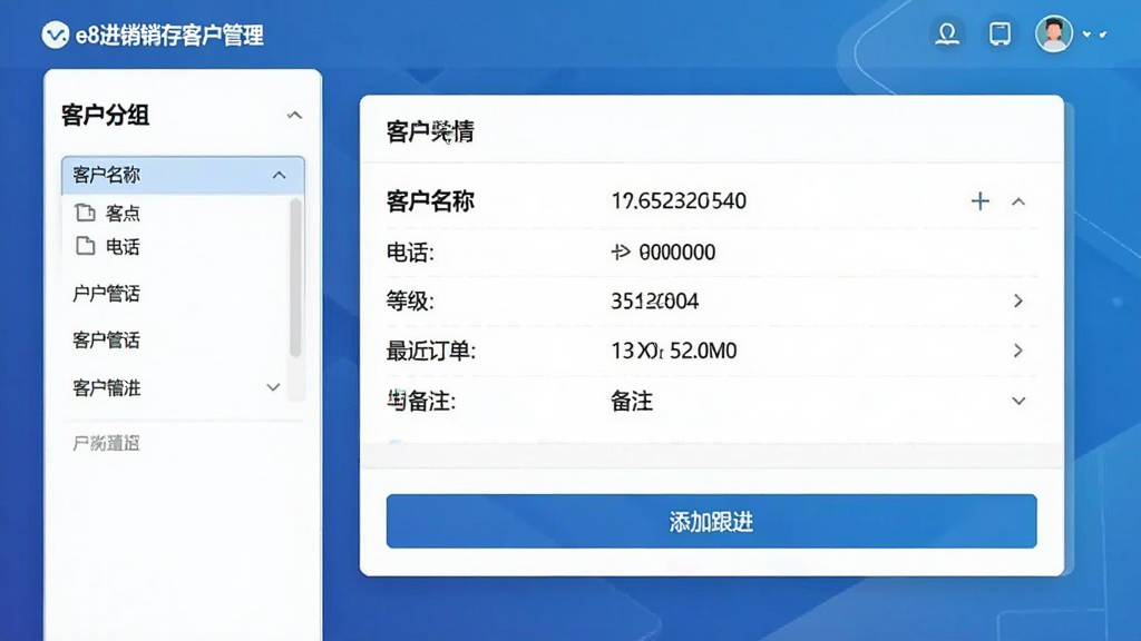 一张e8进销存客户管理软件客户管理模块的界面预览图,左侧为客户分组筛选栏,右侧为客户详情卡片,展示客户名称、电话、等级、最近订单与备注,底部有“添加跟进”按钮,背景为蓝色渐变商务风格,布局简洁,排版整齐,无多余装饰,画质清晰,突出“客户关系”主题。