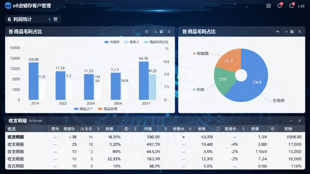 展示财务数据分析的界面,画面为e8进销存客户管理软件中的利润统计图表,包含柱状图与饼图,展示各商品毛利占比,下方为收支明细表格,背景为深蓝色科技感风格,布局合理,排版清晰,无多余元素,画质细腻。