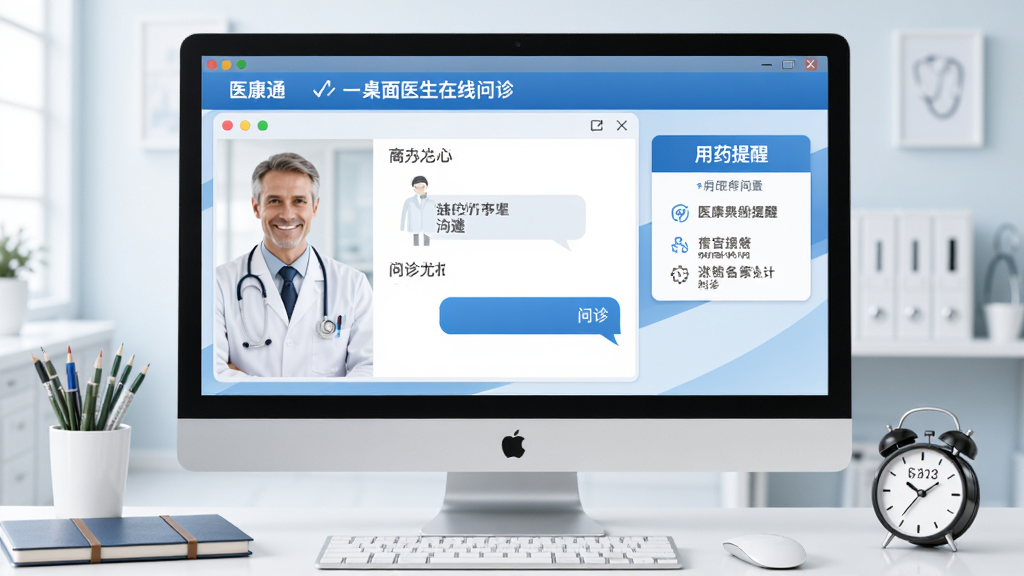医康通桌面医生在线问诊界面,显示医生对话窗口和用药提醒闹钟,电脑桌面场景,医疗风格,主体为问诊沟通页面,布局合理,蓝白配色,画质清晰干净无多余元素