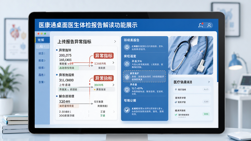 医康通桌面医生体检报告解读功能展示,上传报告后自动标注异常指标,界面显示各项数据与解读文字,医疗风格,主体为报告解读页面,排版清晰,蓝白主色调,画质高清干净
