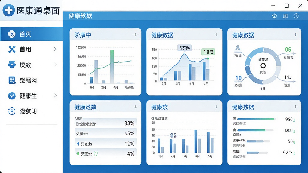 医康通桌面医生软件主界面预览图,左侧功能导航栏,右侧健康数据仪表盘展示,整体采用蓝白医疗风格,界面清晰简洁,排版规整,细节丰富,画质高清干净无多余元素