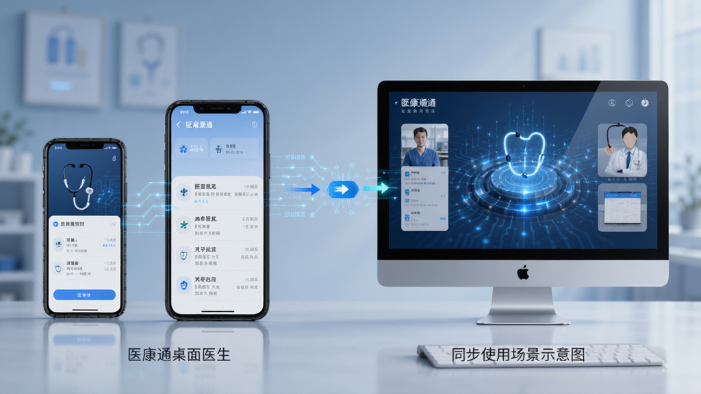 医康通桌面医生手机端与电脑端同步使用场景示意图,展示数据在手机和电脑间传输,主体为两台设备,布局左右对比,风格科技感,细节清晰,画质干净