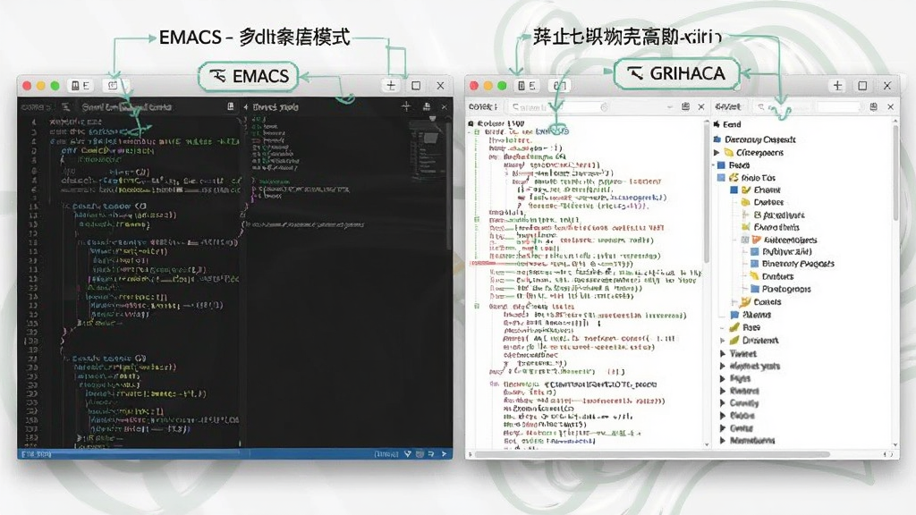 EMACS多种编辑模式展示,主体为同一窗口不同分屏显示代码、文档与目录浏览,布局分屏对比,风格清晰,细节标注各模式名称,画质干净无多余元素