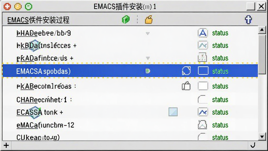 EMACS插件安装过程,主体为包管理器列表界面,显示多个插件名称与状态,布局传统列表样式,风格简洁,细节高亮选中的插件,画质干净无多余元素