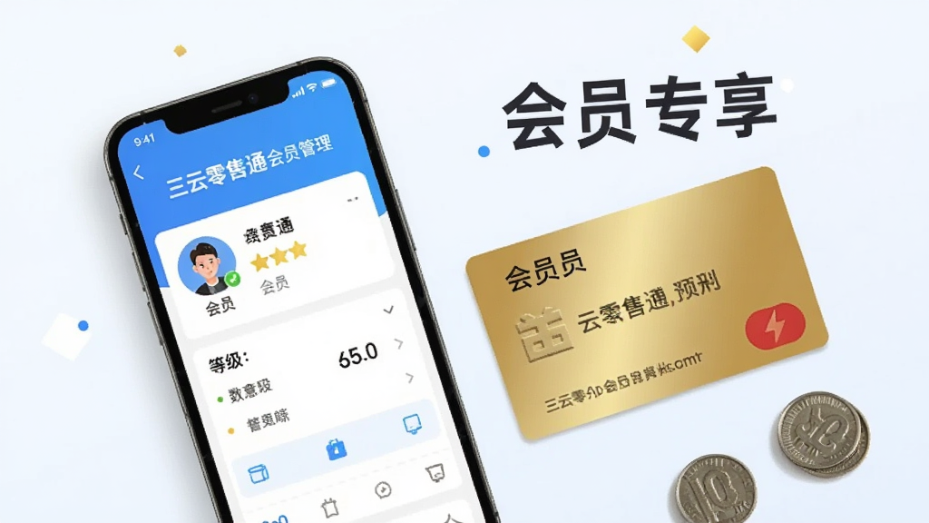 画面主体为手机与卡片组合展示,手机屏幕显示三云零售通会员管理页面,有会员头像、等级、积分数字,旁边摆放一张金色会员卡和几枚硬币。背景为简洁的浅色营销海报风格,带“会员专享”字样。布局采用平铺视角,排版规整,风格清新扁平化,细节突出“三云零售通”会员数据,画质干净无多余元素。