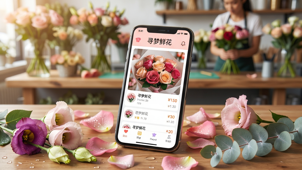 画面主体为一部亮着屏幕的智能手机,屏幕上清晰显示“寻梦鲜花”APP主界面,界面中展示着娇艳欲滴的玫瑰花束与价格列表;手机斜放在铺满新鲜花瓣的木质桌面上,背景虚化处是花店工作台与忙碌的花艺师;布局采用手机居中、前景散落几朵洋桔梗与尤加利叶的构图;风格为写实商业摄影质感,明亮通透的暖色调;细节上屏幕内图标文字清晰可读,花瓣纹理与水珠细腻可见;画质高清,干净无多余元素。