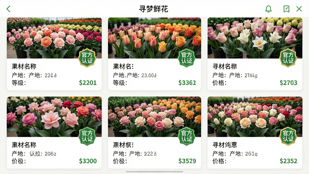 图片主体为“寻梦鲜花”APP的供应商列表页面截图,平铺展示多家花卉基地的实拍照片与认证标识;布局采用三列卡片式信息流,每张卡片上清晰标注花材名称、产地、等级与价格;风格为扁平化UI设计结合写实花材图片,界面干净清爽,主色调为清新的绿色与白色;细节上突出“官方认证”徽章与实时更新的库存数量;画质高清,界面元素无多余杂乱。