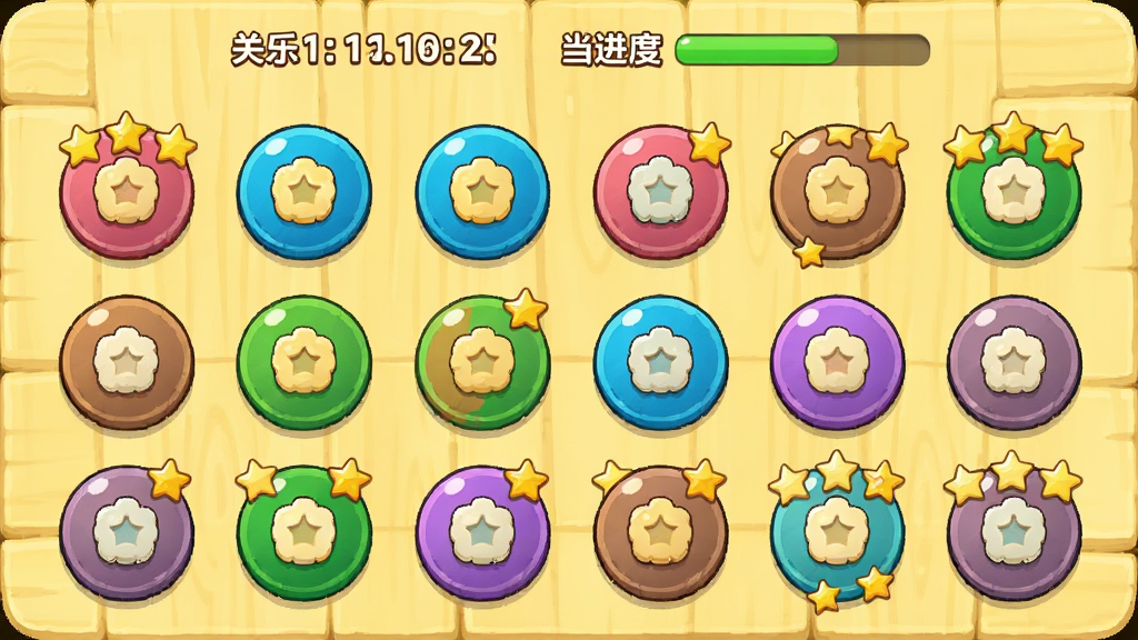 快乐畅通关关卡选择界面截图,屏幕上排列着多个彩色圆形图标,每个图标代表一个关卡,部分图标带有星星评级,界面背景是淡黄色的木质纹理,顶部显示关卡编号和当前进度,整体布局整齐,风格卡通,细节清晰,高画质,干净,无多余元素