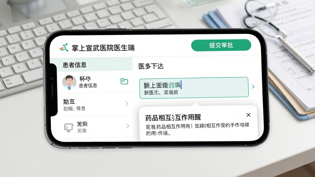 手机横屏界面特写,展示“掌上宣武医院医生端”医嘱下达页面,左侧为患者信息栏,右侧为医嘱条目列表,其中一条新医嘱正在输入,下方弹出药品相互作用提醒弹窗。界面上方有“提交审批”绿色按钮,背景是简洁的医生工作台,有键盘和病历本,画面色彩柔和,布局清晰,风格简约,画质高清,无多余元素。