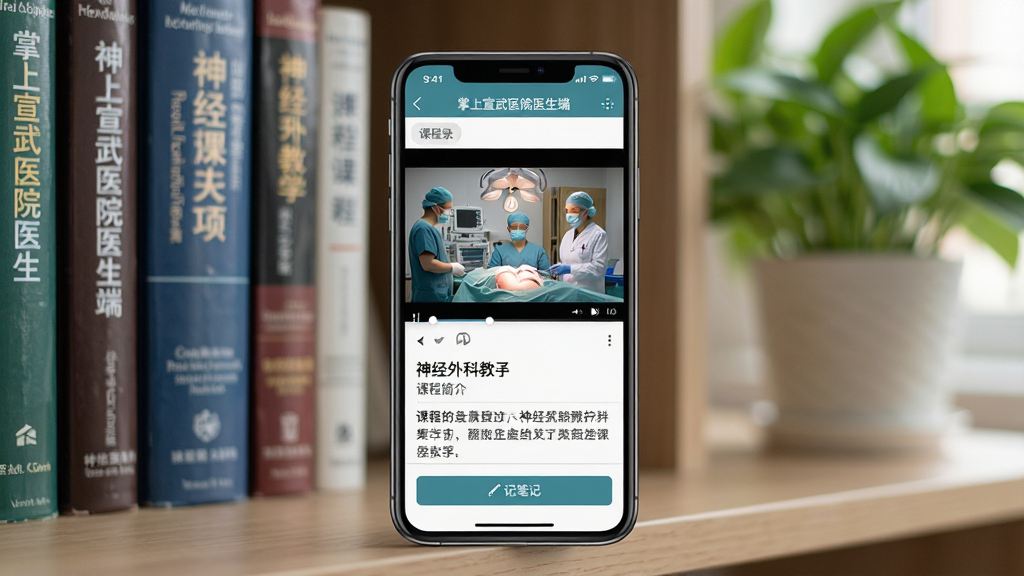 手机屏幕显示“掌上宣武医院医生端”的在线课程播放页面,正在播放一段神经外科手术教学视频,视频下方有课程简介和“记笔记”按钮,右侧有课程目录列表。手机竖屏放置在书架前,背景有医学书籍和绿植,画面光线柔和,构图平衡,风格写实,细节清晰,画质高清,无多余元素。