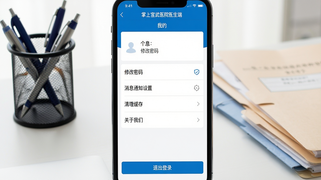 一张清晰的手机截图,屏幕显示“掌上宣武医院医生端”的“我的”页面,包含个人信息、修改密码、消息通知设置、清理缓存、关于我们等菜单项,页面风格简洁,蓝白配色,底部有“退出登录”按钮。手机背景为医生办公桌面,有笔筒和病例夹,画面干净明亮,构图居中,细节清晰,画质高清,无多余元素。