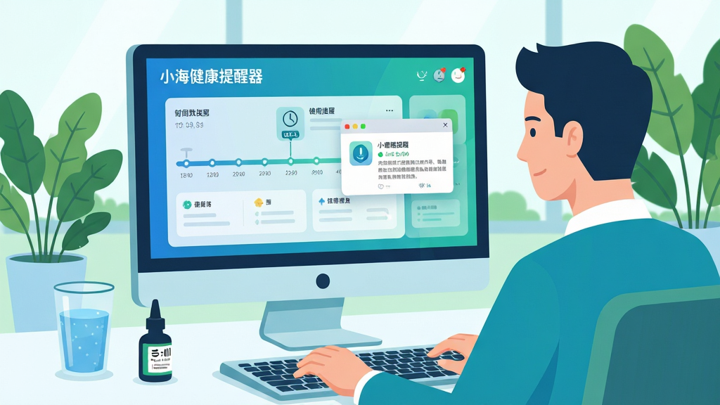 主体:电脑屏幕前一位白领正在使用小海健康提醒器,屏幕显示健康数据看板与提醒弹窗。布局:居中构图,前景为电脑屏幕与键盘,背景为明亮的办公室绿植。排版:屏幕界面清晰展示“小海健康提醒器”字样与时间轴提醒图标。风格:扁平化插画风格,色彩清新明快,以蓝绿色为主色调。细节:电脑旁放有水杯与眼药水,画面干净整洁。画质:高清,干净,无多余元素。