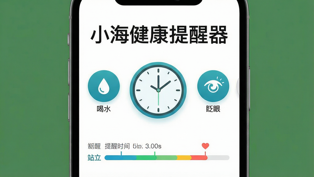 主体:小海健康提醒器软件界面截图风格展示,界面中央有一个圆形时钟图标,周围分布着“喝水”“站立”“眨眼”三个功能按钮。布局:上下结构,上方为软件名称“小海健康提醒器”大字,下方为功能图标排列。排版:图标下方有文字标签说明。风格:现代简约UI设计,白底蓝绿色按钮。细节:提醒时间轴以彩色进度条显示。画质:高清晰度,干净,无多余元素。
