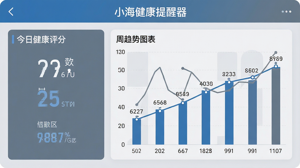 主体:小海健康提醒器数据显示页面,包含柱状图与折线图。布局:左侧为今日健康评分,右侧为周趋势图表。排版:图表上方有“小海健康提醒器”标题栏。风格:商务数据可视化风格,蓝灰配色。细节:数据点旁标注具体数值,背景为浅灰色网格。画质:分辨率高,元素清晰,无多余元素。