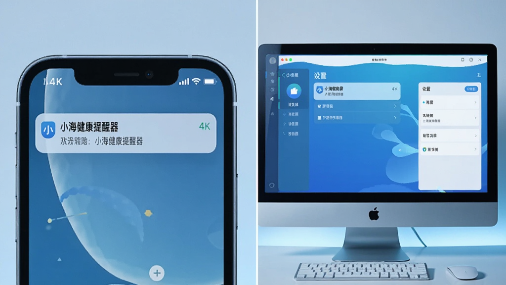 主体:一个手机屏幕与电脑屏幕并排显示的图像,手机屏幕显示小海健康提醒器通知栏消息,电脑屏幕显示软件主界面。布局:左右对称构图,中间分割线。排版:手机屏幕上方有“小海健康提醒器”通知,电脑屏幕显示设置界面。风格:实物拍摄与屏幕截图结合,色调偏冷。细节:画面干净,无多余人物。画质:4K高清,无多余元素。