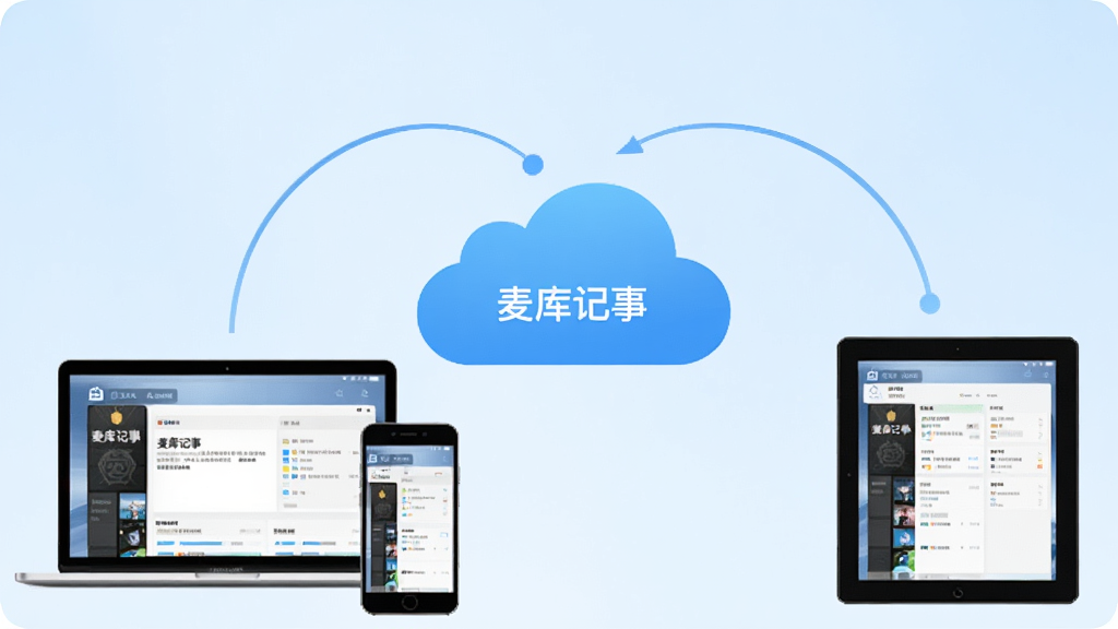 一幅展示多设备同步的示意图,画面中央是一朵云,云朵周围环绕着笔记本电脑、智能手机和平板电脑,设备屏幕上都有“麦库记事”的界面,并用弧线连接至云朵,表示同步。背景为浅蓝色渐变,风格简洁科技感,突出跨平台云同步的核心优势,画质干净,无多余元素。