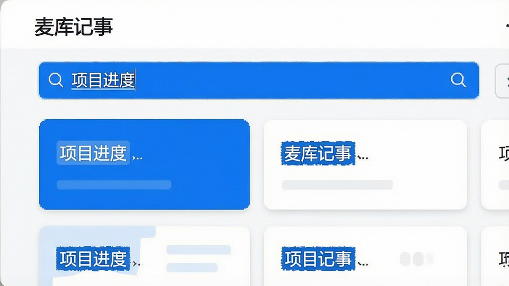 一个电脑截图风格的画面,显示“麦库记事”的搜索功能,搜索框内输入“项目进度”,下方展示出多条匹配的笔记卡片,卡片上高亮显示关键词。整体界面整洁,蓝色高亮与白色背景形成对比,体现智能搜索的快捷与精准,画质清晰,无多余元素。