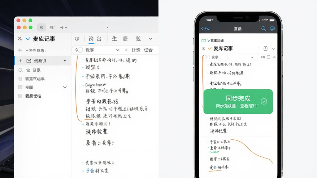 一幅分屏图,左侧是电脑端“麦库记事”的编辑界面,右侧是手机端同一笔记的查看界面,手机端显示同步完成提示。画面清晰,突出跨平台一致体验,背景简洁,画质干净,无多余元素。