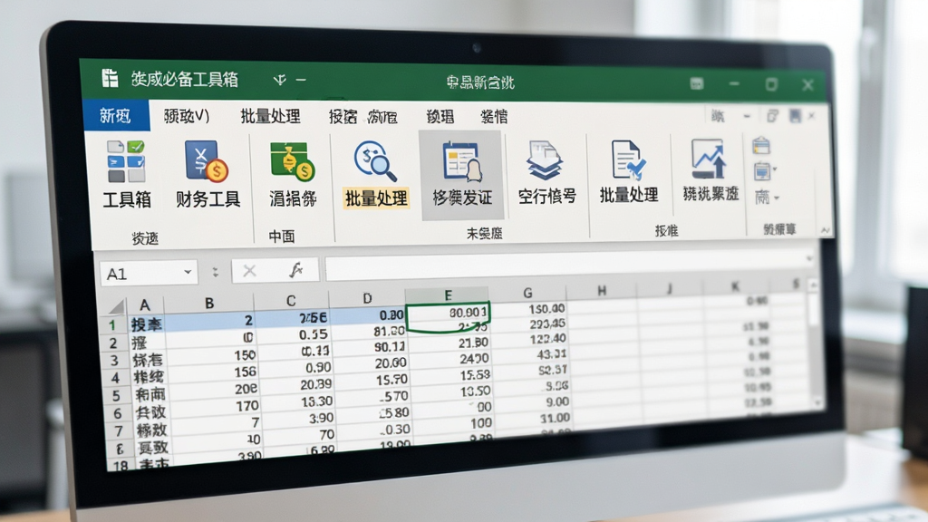 Excel必备工具箱主界面,展示其在Excel菜单栏中新增的多个功能选项卡,如“工具箱”、“财务工具”、“批量处理”等,界面整洁,图标清晰,背景为一张包含数据表格的电脑屏幕,整体风格商务专业,画质高清,无多余元素。
