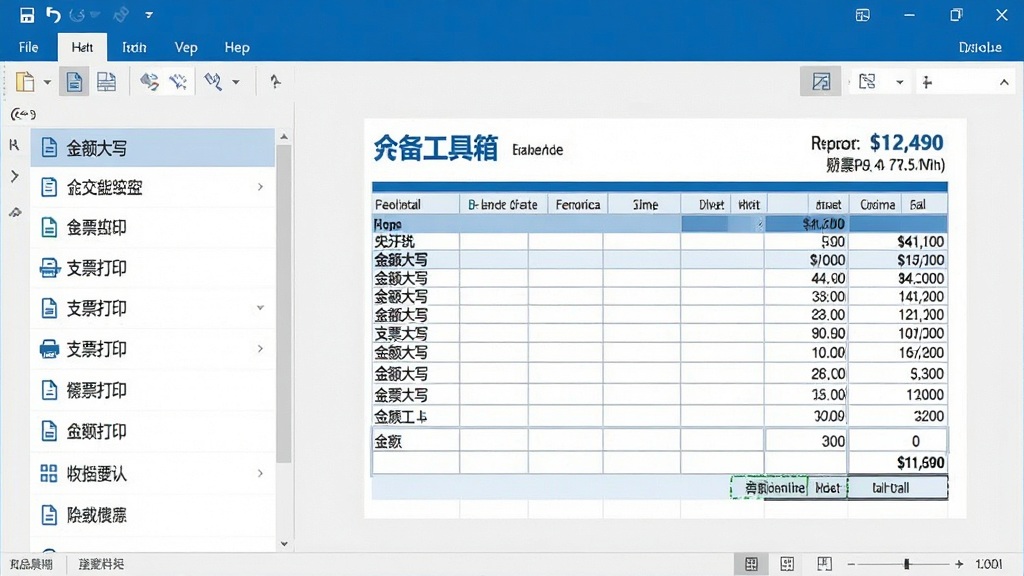 Excel必备工具箱财务工具界面,左侧为功能列表,包含“金额大写”、“支票打印”等,右侧预览一张处理完成的财务报表,表格中数据清晰,带有公式栏,整体配色以蓝白为主,画面干净清爽,画质细腻。