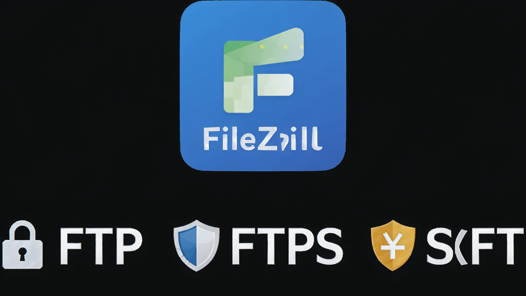 主体:FileZilla软件图标与协议标识组合图,包含FTP、FTPS、SFTP字样。布局:居中排列,软件图标置于上方,三个协议名称水平排列在下方。排版:对称式构图,文字清晰。风格:扁平化设计,科技感。细节:每个协议名称旁配有对应的小型图标,如锁形、盾牌形。画质:高清晰度,干净背景,无多余元素。