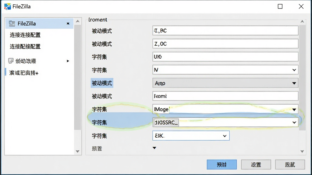 主体:FileZilla软件设置界面,显示连接配置选项。布局:设置窗口居中,左侧导航栏选项,右侧详细配置区。排版:表单排列整齐,选项标签清晰。风格:简洁的对话框风格。细节:高亮显示“被动模式”和“字符集”设置项。画质:高分辨率,界面干净清晰。