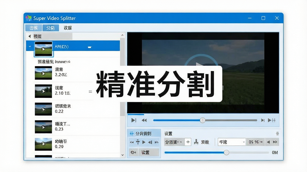一张简洁的产品功能示意图,画面中央是Super Video Splitter的软件主窗口,左侧显示视频列表,右侧为预览播放器,底部有分割点设置面板和进度条,整体采用蓝白配色,UI设计清晰直观,标注文字“精准分割”。