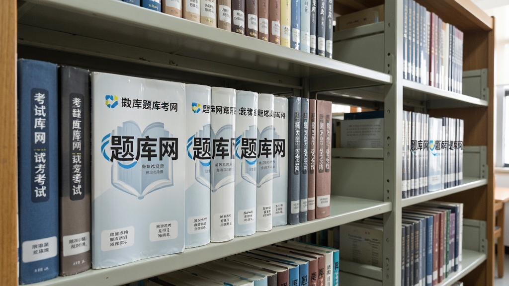 主体:图书馆书架上摆满印有“题库网”标志的书籍,布局:书架占满画面,排版:整齐排列,风格:写实摄影风,细节:书本封面清晰可见各类考试名称,画质:高清,干净,无多余元素