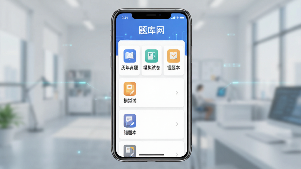 主体:题库网软件主界面展示,手机屏幕上显示“题库网”字样与各类题库列表,布局:居中构图,界面清晰,排版:扁平化设计,风格:现代科技感,细节:屏幕内容包含“历年真题”“模拟试卷”“错题本”等图标,画质:高清,干净,无多余元素