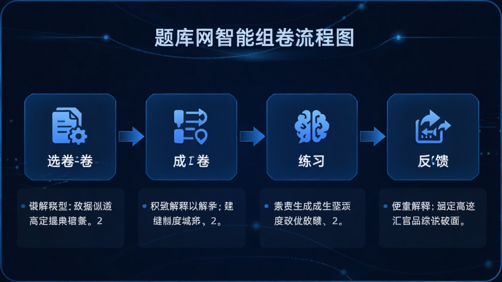 主体:题库网智能组卷流程图,布局:流程图从左到右展示“选卷-生成-练习-反馈”步骤,排版:简洁图标加文字,风格:科技蓝配色,细节:每一步骤下方有解释文字,画质:清晰,干净,无多余元素