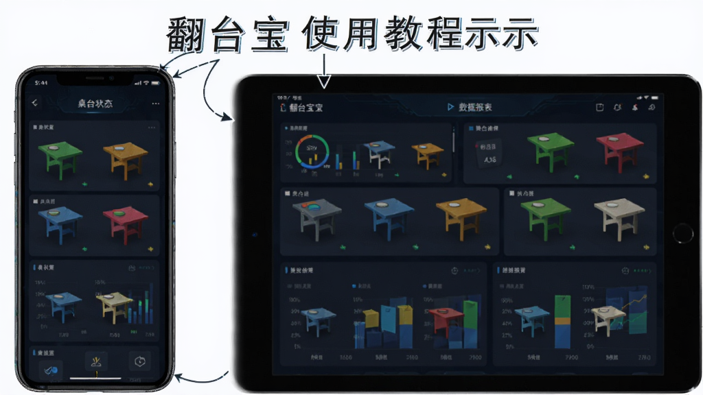 翻台宝使用教程示意图,主体为一部手机和一台平板同时显示翻台宝界面,手机展示桌台状态,平板展示数据报表,布局左右对称,排版直观,风格科技感,细节包括屏幕上的数据图表和彩色桌台,画质高清,干净无多余元素