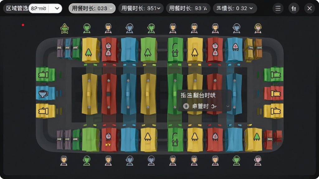 翻台宝桌台管理界面截图,主体为彩色桌台分布图,绿色红色黄色状态标识,顶部有区域筛选标签,布局整齐,排版清晰,采用信息可视化风格,细节展示每桌用餐时长和人数图标,画质细腻,干净无多余元素