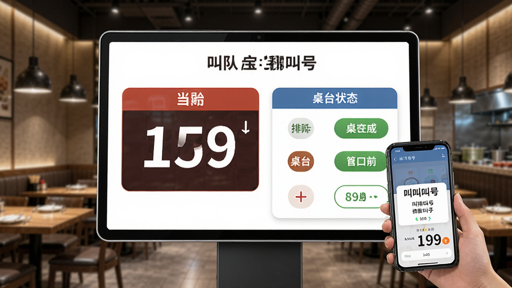 翻台宝排队叫号界面,主体为叫号大屏幕显示当前排队号码和桌台状态,背景为餐厅环境,布局中央突出,排版大气,风格写实,细节包括顾客手机收到的叫号提醒画面,画质清晰,干净无多余元素