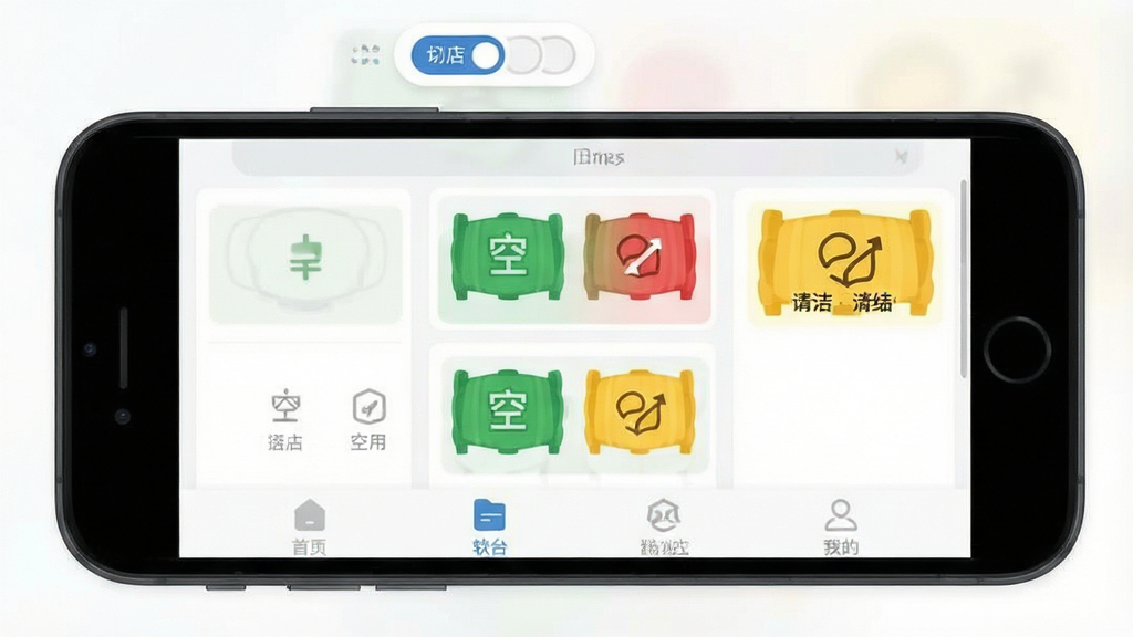 一张翻台宝软件的开屏展示图,主体为手机界面显示桌台状态看板,绿色空桌、红色占用、黄色待清洁,布局清晰,扁平化设计,风格现代简洁,细节包括顶部的门店切换栏和底部导航,画质高清,干净无多余元素