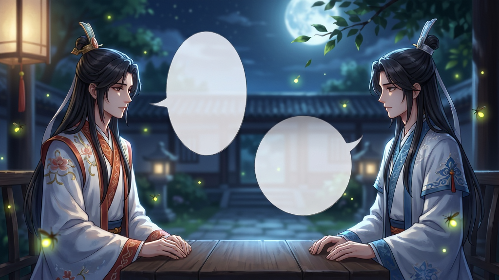 主体:如梦游戏剧情对话场景,两位古风角色在月光下的庭院中对坐交谈,人物表情细腻,背景有萤火虫飞舞,布局采用对称构图,人物分列画面两侧,中间呈现对话气泡,排版注重光影对比与情绪渲染,风格为精致古风向日系动画电影质感,细节包括服饰纹理、环境光晕、树叶摇动,画质高清通透,画面干净无文字干扰,整体氛围唯美静谧。