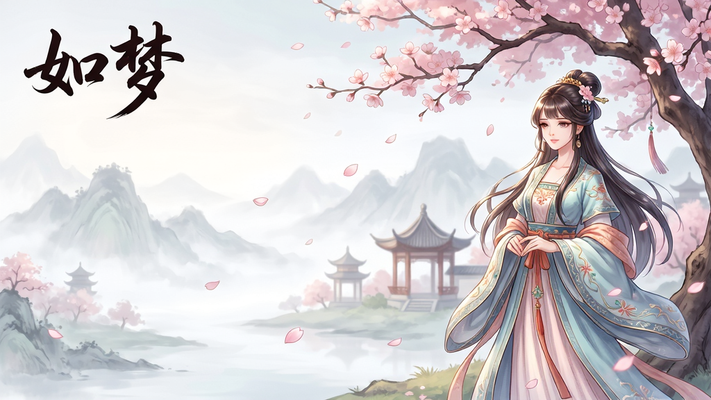 主体:如梦游戏主界面全景展示,一个古风女子站在樱花树下,衣袂飘飘,背景是朦胧的远山与亭台楼阁,整体布局采用黄金分割构图,人物位于右侧三分之一处,左侧留白展现山水画卷意境,排版注重远近层次与空间透视,风格为唯美古风二次元手绘,细节包括飘落的花瓣、发丝的光泽、衣物的刺绣纹理,画质细腻高清,整体画面干净无多余杂物,色彩柔和淡雅,游戏标题“如梦”以书法字体点缀在画面左上角,无其他文字。