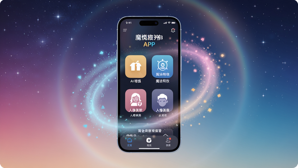 画面中央是一部亮着屏幕的智能手机,屏幕上显示魔镜APP的界面,界面中有AI增强、魔法特效、人像美颜等功能图标,手机周围环绕着柔和的彩色光效和魔法粒子,背景是渐变星空与光晕,整体风格科技感与梦幻感并存,布局以手机为主体居中,四周留白干净,细节丰富,画质高清,干净无多余元素