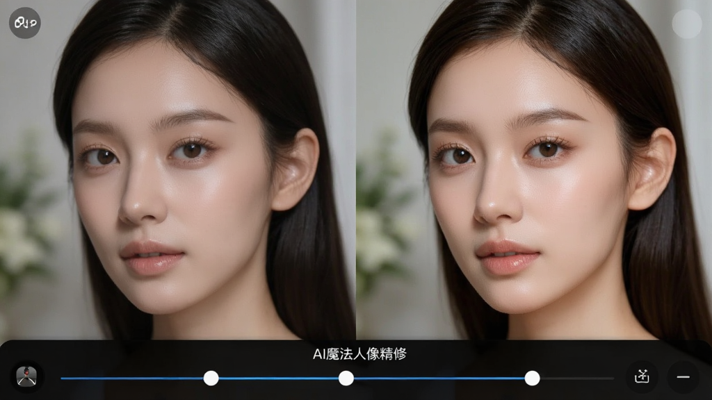一张人像照片在魔镜APP中编辑的预览图,左侧是原始照片,右侧是AI精修后的效果,人物面部皮肤细腻,五官立体,光影自然,背景虚化,界面下方有调整滑块,整体风格专业、干净,清晰展示软件“AI魔法人像精修”功能,画质高清,细节丰富,无多余元素