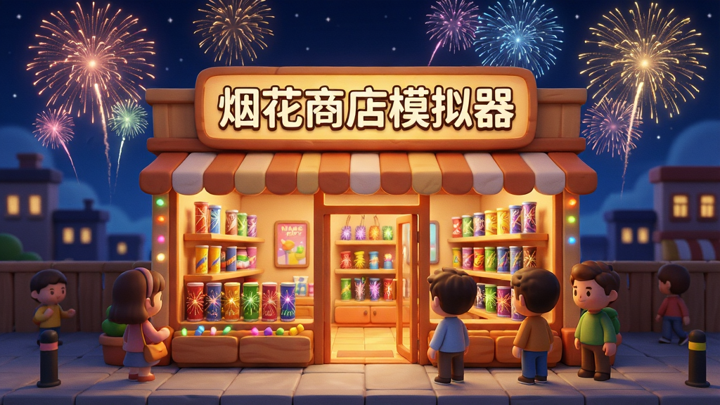 一张《烟花商店模拟器》的游戏宣传主视觉图,画面中央是一家温馨明亮的烟花商店门面,招牌写着“烟花商店模拟器”,店内货架上摆满五颜六色的烟花筒,门口顾客络绎不绝,背景是夜空绽放的绚丽烟花,风格明亮卡通,构图平衡,细节丰富,画质高清,干净无多余元素