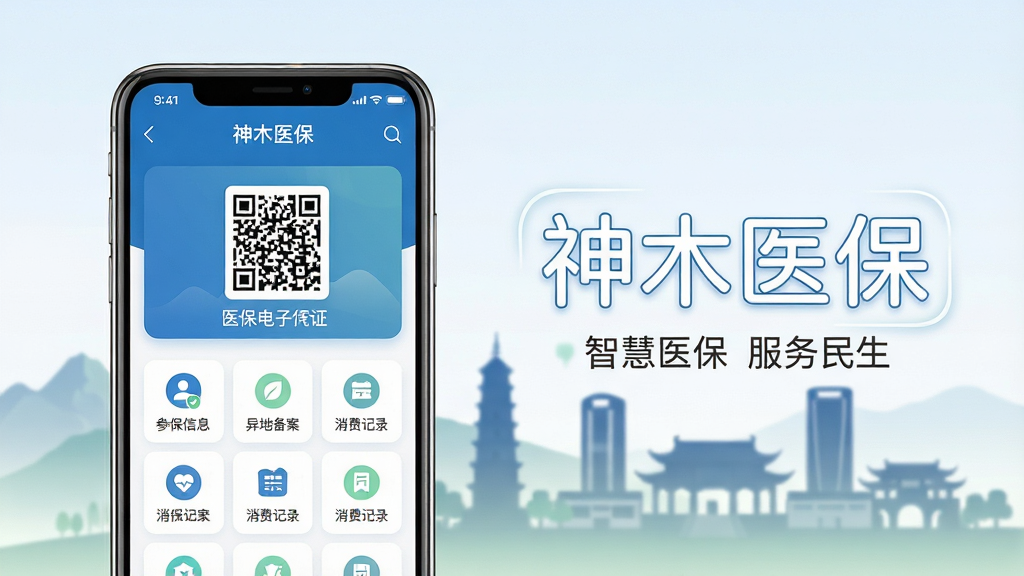主体:手机屏幕展示“神木医保”APP主界面,界面清晰显示医保电子凭证二维码、功能图标网格,背景为神木市城市地标(如二郎山、滨河新区建筑群)的模糊剪影。布局:手机居中偏左,右侧留白区域用柔和线条勾勒“神木医保”中文字样,下方一行小字“智慧医保 服务民生”。排版:整体采用居中对称构图,手机屏幕内容占视觉主体60%,背景文字装饰占30%,边缘留白10%。风格:扁平化设计结合轻微拟物质感,主色调为医保蓝和纯净白,辅以浅绿色点缀,体现健康与信任。细节:屏幕内图标清晰可辨(如“参保信息”“异地备案”“消费记录”),手机边缘有细腻的高光反射,背景剪影带有渐变淡出效果。画质:8K超高清渲染,细节丰富,画面干净整洁,无多余元素。