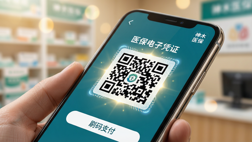 主体:智能手机屏幕特写,显示“神木医保”APP内的医保电子凭证页面,二维码居中高亮,上方有“医保电子凭证”字样,页面底部有“刷码支付”按钮。布局:手机斜握角度,屏幕朝上,背景为温馨的药店或诊室环境虚化,营造真实使用场景。排版:手机占画面中央约70%,二维码区域有轻微光效强调,背景环境光斑柔和不抢眼。风格:写实摄影风格,光线明亮柔和,突出屏幕内容的清晰度和质感。细节:屏幕上的二维码细节丰富,周围有仿伪光纹,页面右上角显示“神木医保”小图标,手机边框有金属质感倒影。画质:超高清微距拍摄效果,细节锐利,画面纯净,无多余杂物。