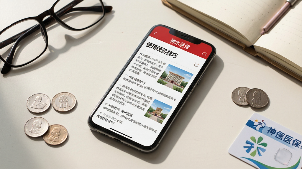 主体:一部智能手机平放在桌面,屏幕显示“神木医保”APP的“使用经验技巧”文章页面,页面有文字和配图,背景桌面有眼镜和笔记本。布局:手机居中,倾斜约30度,旁边散落着几枚硬币和医保卡,营造真实使用环境。排版:手机屏幕占据画面60%,桌面物品构成三角形构图,疏密有致。风格:俯拍视角,自然光照明,色彩温和,带一点生活气息。细节:屏幕中文字清晰可读,页面顶部有“神木医保”红色导航栏,桌面有轻微阴影。画质:高清摄影,细节丰富,画面干净整洁,无多余元素。