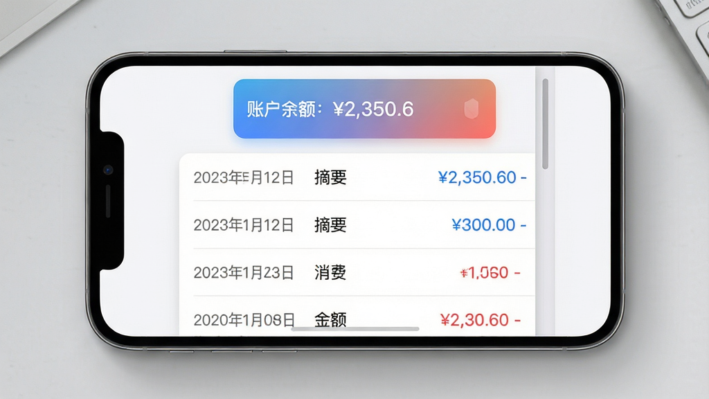 主体:手机屏幕展示“神木医保”APP的个人账户明细页面,以列表形式显示多条缴费和消费记录,顶部有余额卡片显示“账户余额:2,350.60”。布局:手机屏幕平视正对镜头,背景为简洁的浅灰色桌面,屏幕内容清晰可读。排版:信息列表整齐排列,每行包含日期、摘要和金额,金额颜色区分正负(收入蓝色,支出红色)。风格:界面设计简洁现代,采用卡片式布局,圆角矩形元素,整体色调清爽。细节:余额卡片有渐变底色,列表项分隔线细腻,滚动条隐约可见,屏幕反射轻微自然。画质:高分辨率屏幕截图质感,文字边缘锐利,色彩准确,无多余元素。