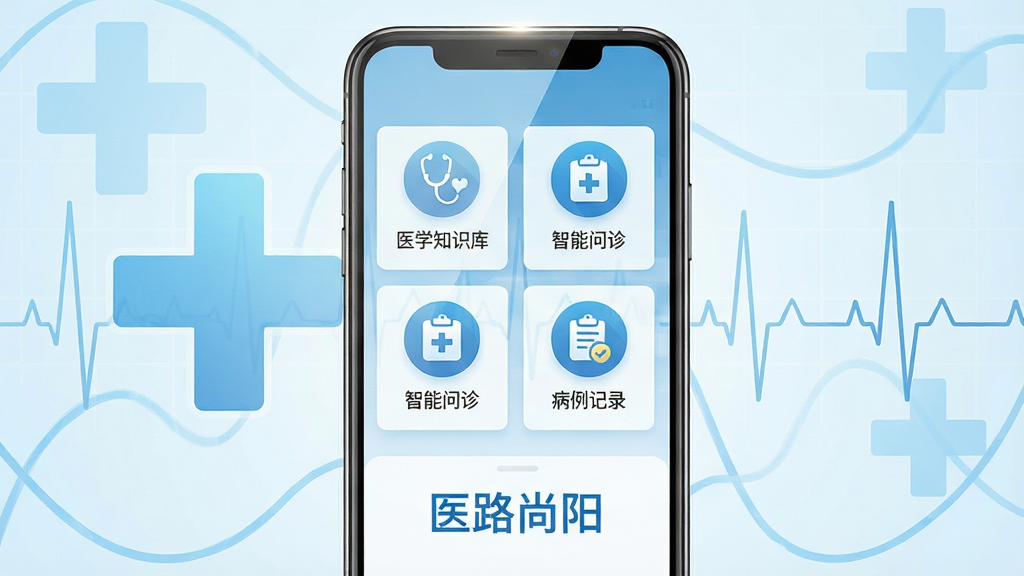 主体:一款名为“医路尚阳”的医疗健康软件界面展示,手机屏幕亮起,显示医学知识库、智能问诊、病例记录等核心功能模块图标。布局:手机居中,背景为淡蓝色医疗十字与心电图线条交织,两侧留白。排版:界面简洁,功能图标以网格排列,下方配以“医路尚阳”字样。风格:现代科技感与医疗专业感融合,色彩以蓝白为主。细节:屏幕反射微光,图标细节清晰。画质:高清渲染,干净无多余元素。