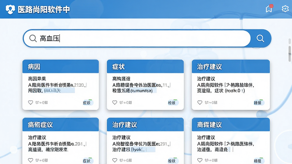 主体:医路尚阳软件中智能医学检索功能的界面截图,搜索框中输入“高血压”,下方展示结构化医学卡片,包含病因、症状、治疗建议。布局:搜索框位于上方,结果卡片依次排列,整体纵向滚动。排版:卡片式布局,信息层级分明。风格:简约医疗风,蓝色点缀。细节:卡片间有阴影分隔。画质:高清晰度,干净无多余元素。