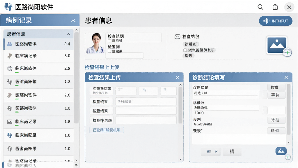 主体:医路尚阳软件中临床病例记录功能的界面,展示一个正在编辑的病例页面,包含患者信息栏、检查结果上传区与诊断结论填写框。布局:左栏为病例列表,右栏为编辑区域。排版:表格与表单混合,结构清晰。风格:专业医疗风格,浅灰与蓝色搭配。细节:有语音输入按钮与图片附件图标。画质:高清细腻,干净无多余元素。