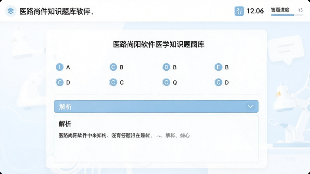 主体:医路尚阳软件中医学知识题库功能的界面,展示答题页面,题目为选择题,下方有解析区域。布局:题目居中,选项并排,解析以折叠面板形式展示。排版:简洁清晰,选项带有字母编号。风格:教育学习风格,明亮背景。细节:右上角显示计时器与答题进度。画质:高清柔和,干净无多余元素。