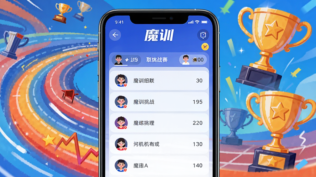魔训社群挑战功能界面,主体为手机屏幕显示一个多人联机挑战赛的排行榜,背景为抽象的运动轨迹与奖杯图案,采用明亮活泼的插画风格,色彩丰富,界面元素排列有序,画面干净,突出“魔训”品牌标识
